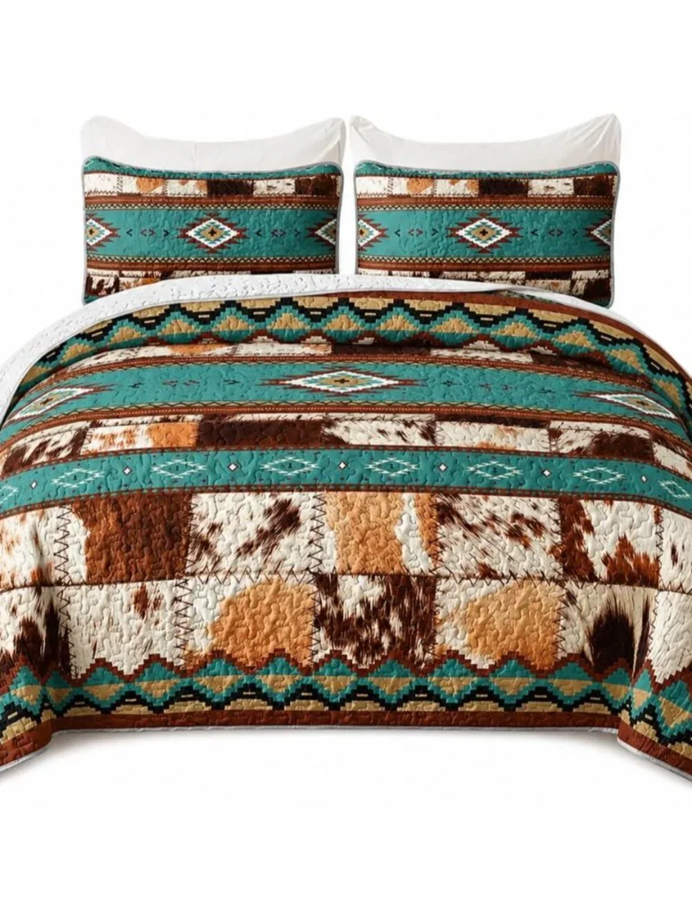 Ethnic Cowhide Quilt Set King Size,Aztec Geometric Cow Fur Print Bedding Set 3Pc